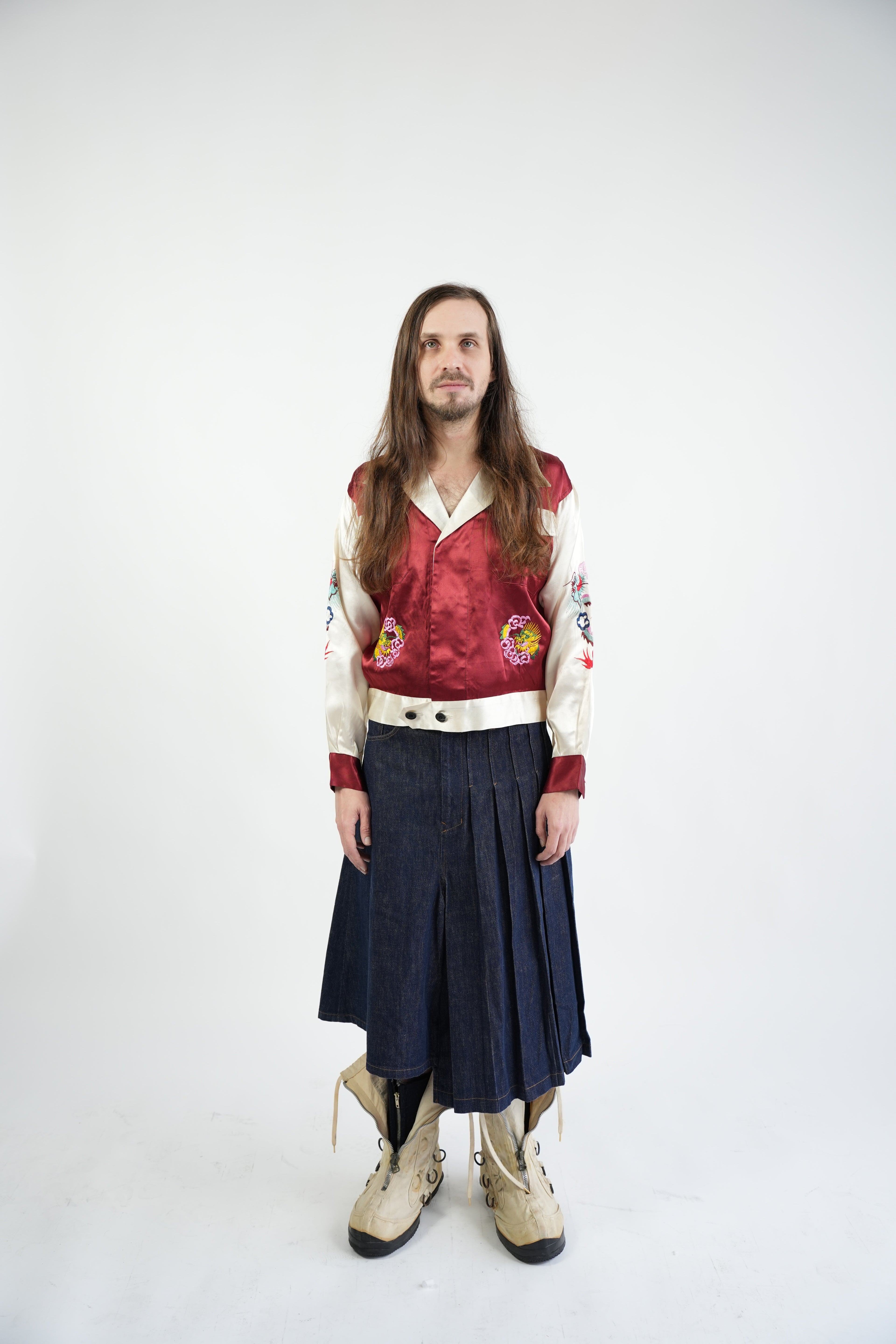 y's Asymmetrical Pleated Denim Skirt