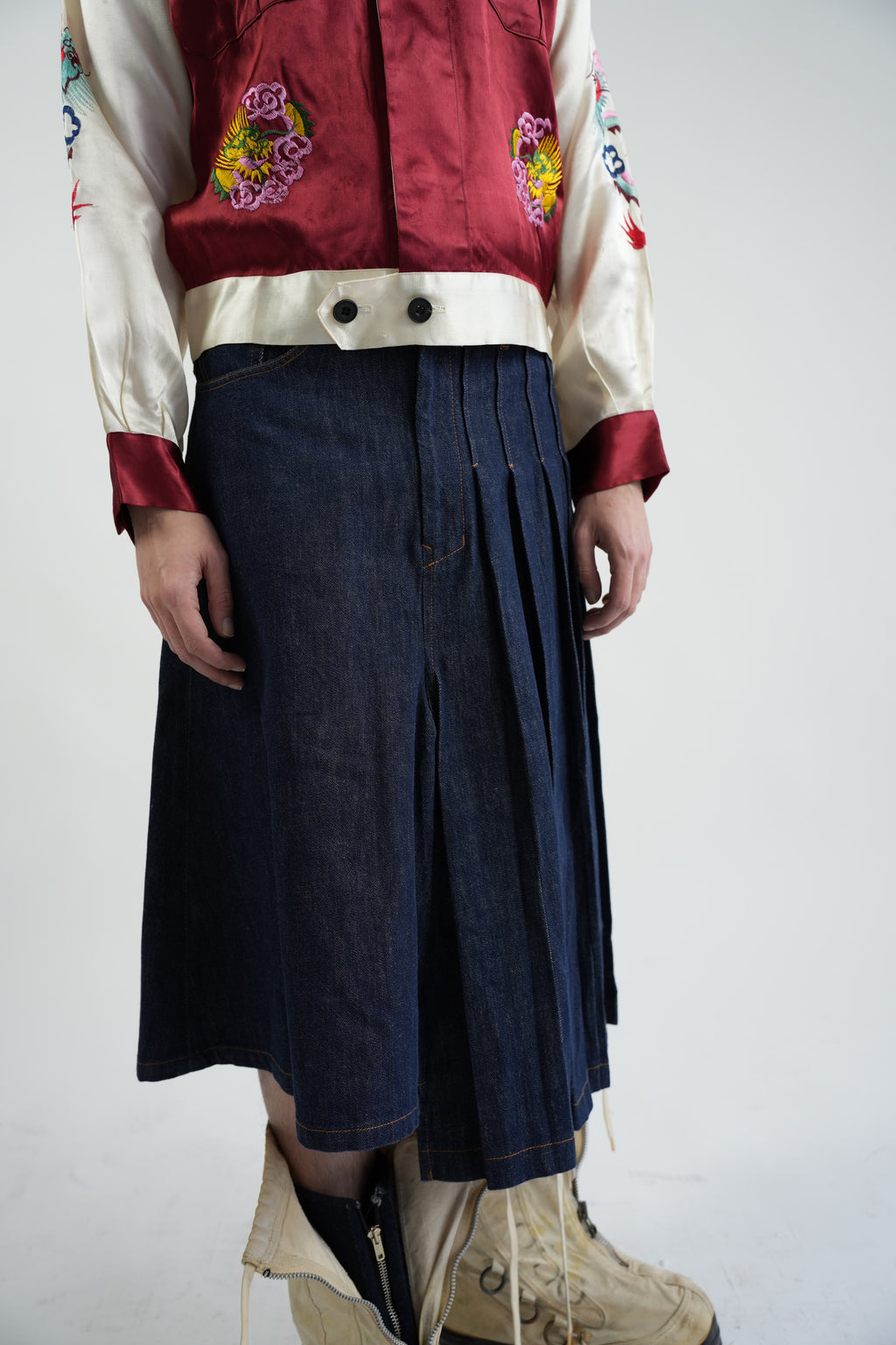 y's Asymmetrical Pleated Denim Skirt