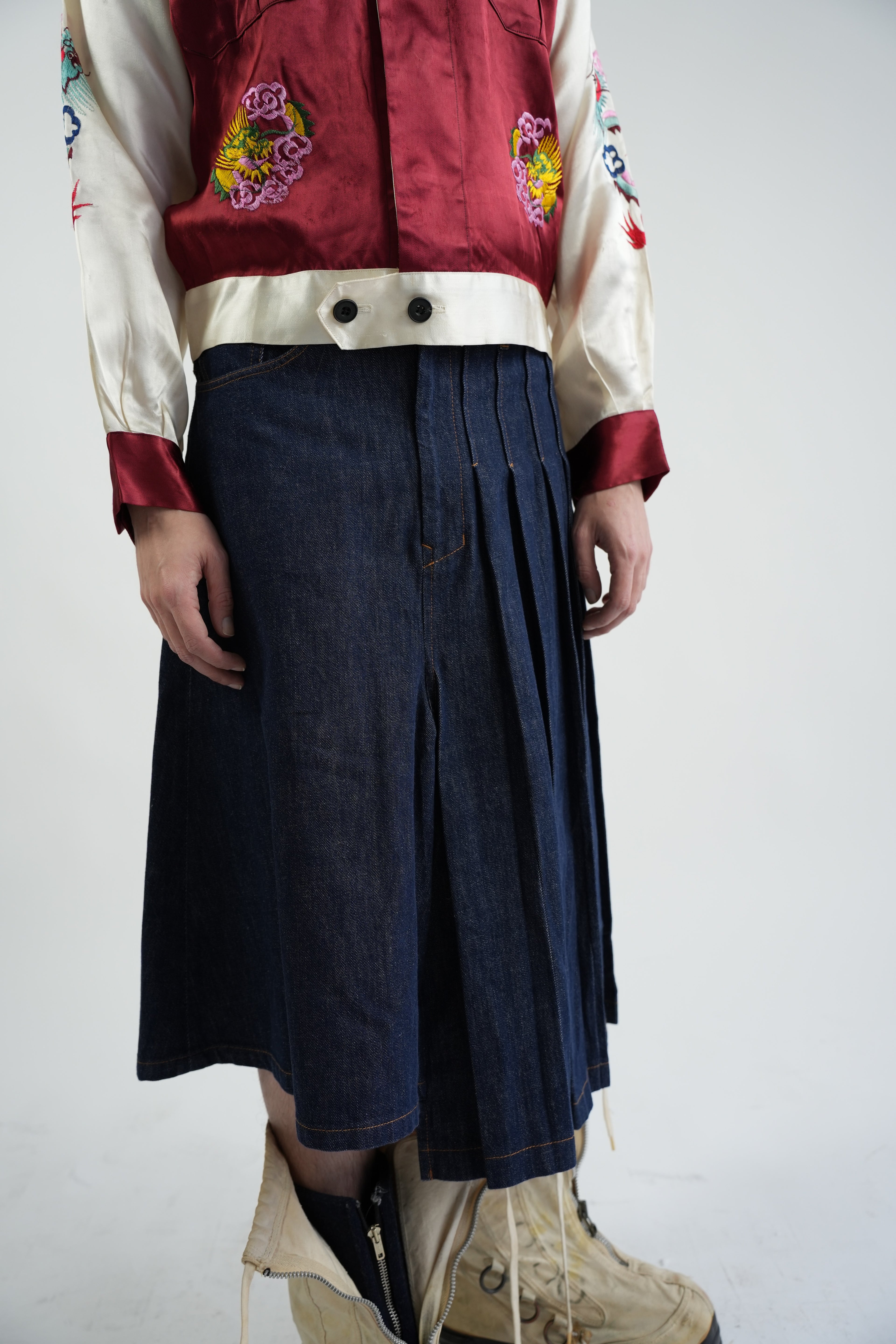 y's Asymmetrical Pleated Denim Skirt