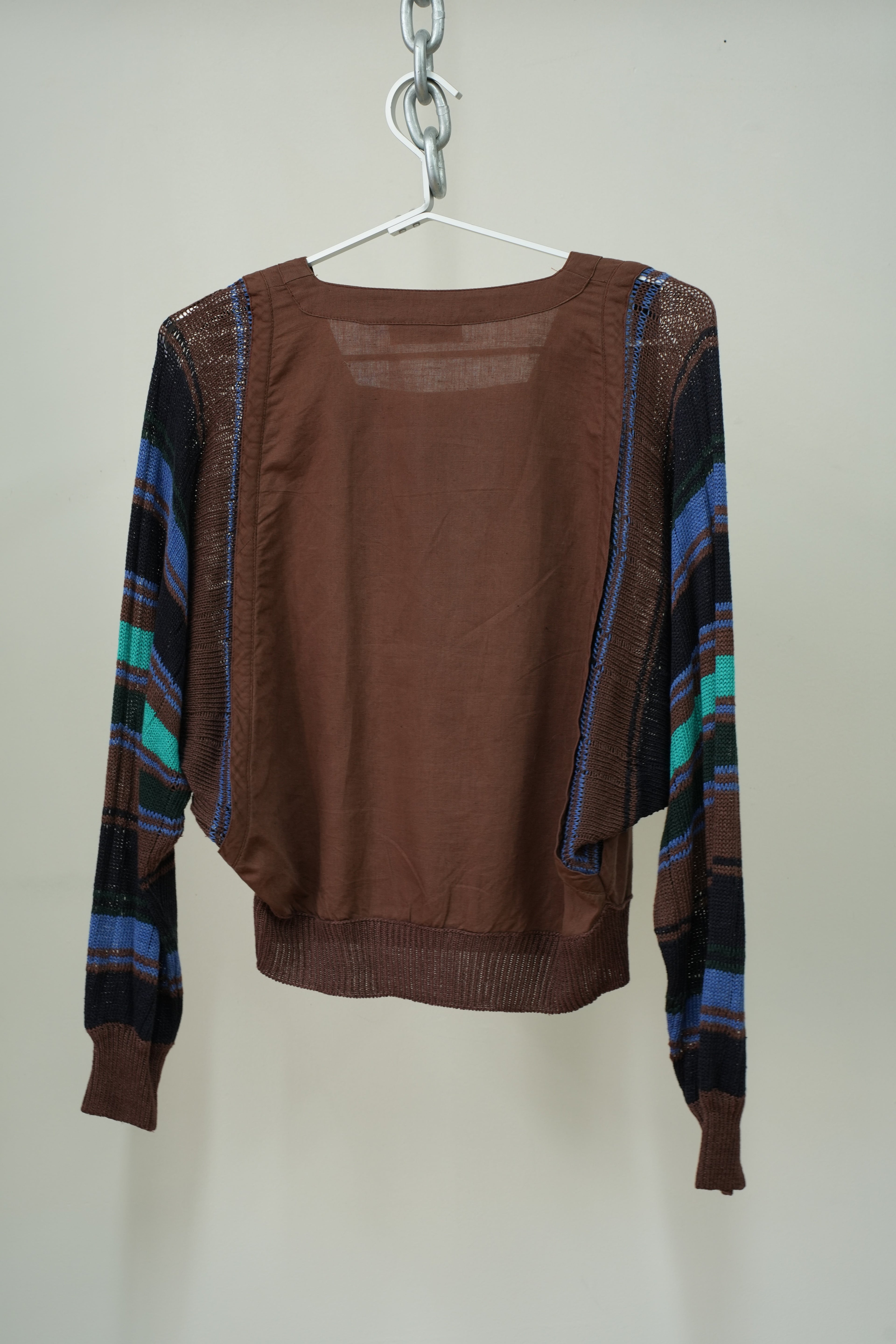 1980s Escada Textual Mixed Design Dolman Sleeve V-Neck Top
